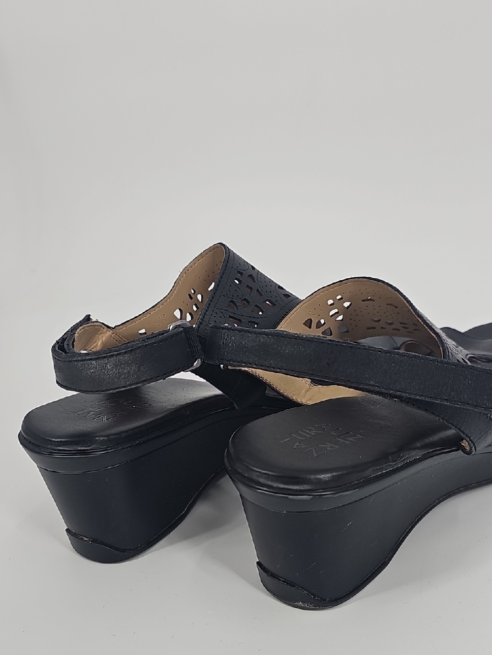 Naturalizer Black Leather Laser-Cut Wedge Sandals - Picture 4 of 4